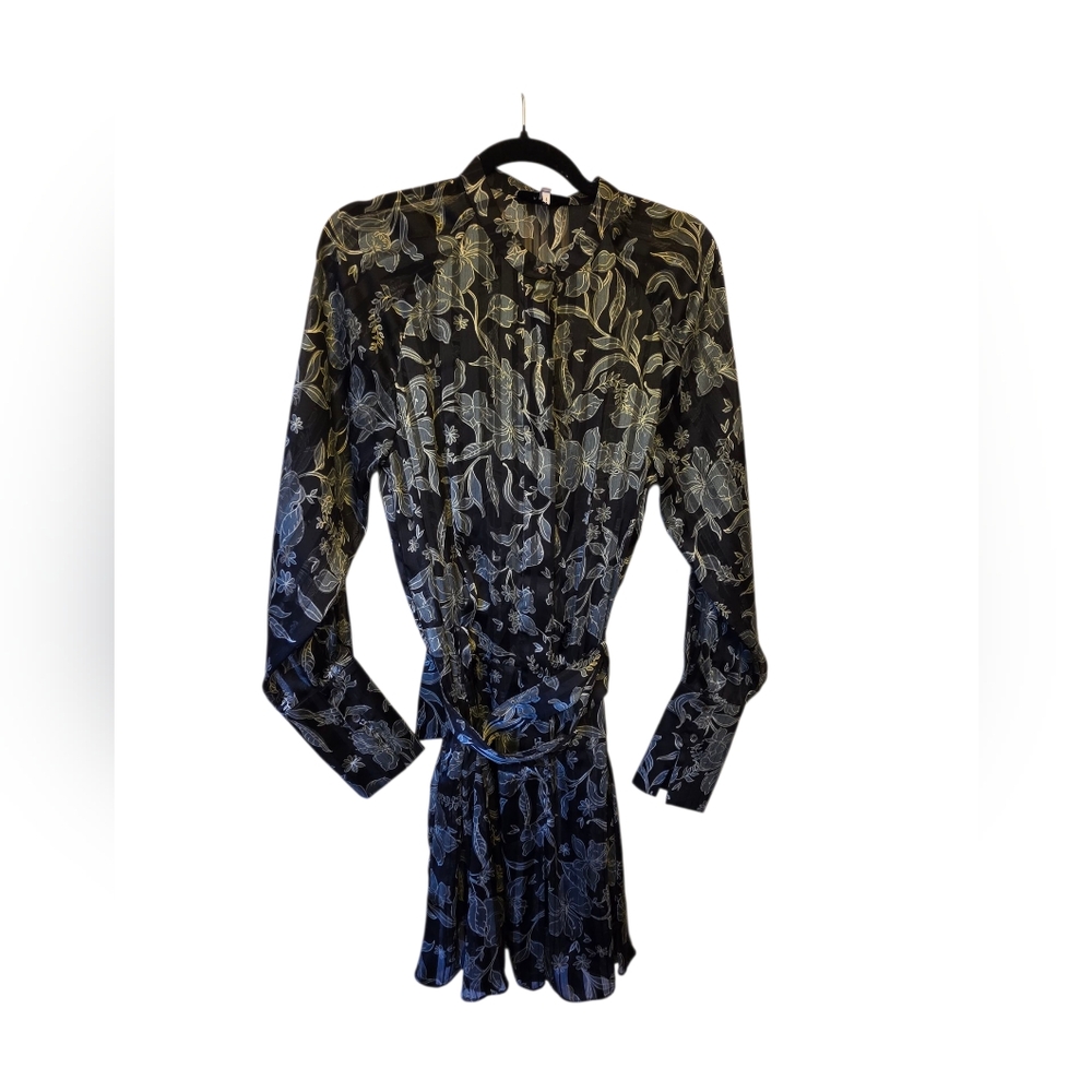 Reiss Sheer Belted Longsleeve Mini Dress Black & Silver Floral Pattern Size 8